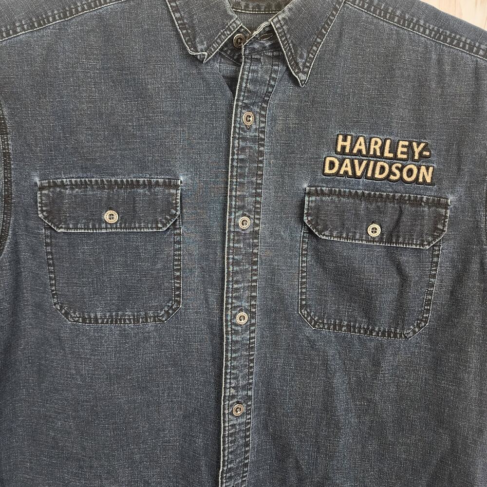 Men's Harley Davidson Button Up Short Sleeve Denim Patch Shirt 2XL - Picture 3 of 5